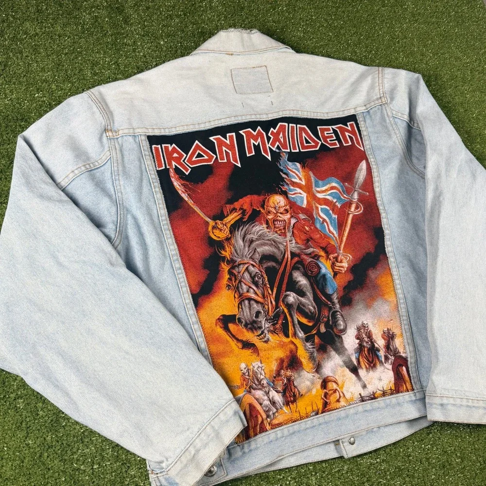 Classic Cotton Co Iron Maiden‎ The Trooper Denim Jacket Light Wash Blue XL